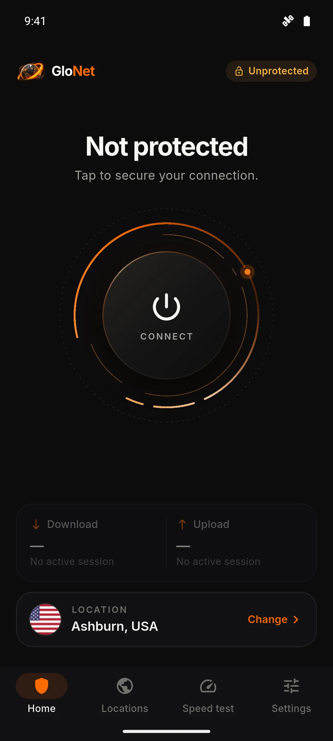 GloNet home screen ready to connect, with Ashburn, USA selected.